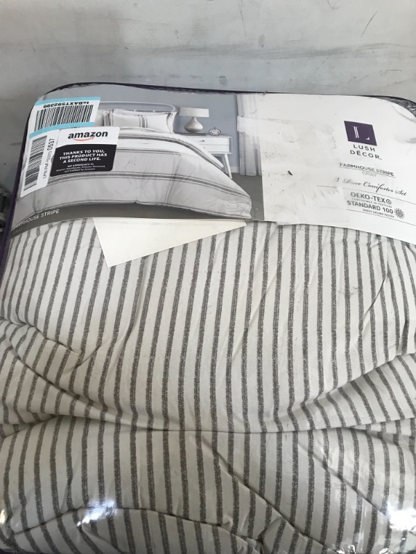 Photo 3 of 3pc King Farmhouse Stripe Reversible Cotton Comforter &#38; Sham Set Gray - Lush D&#233;cor