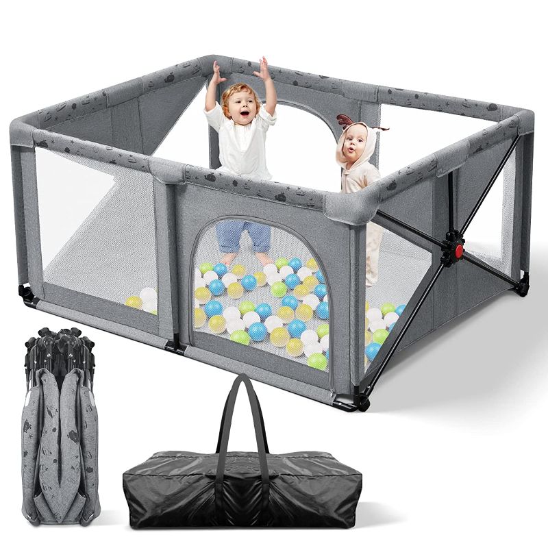 Photo 1 of Foldable Baby Playpen, ALVOD 59*47 inches Portable Playpen for Babies and Toddlers Indoor & Outdoor Kids Safety Playpen with Carrying Bag, Dark Gray