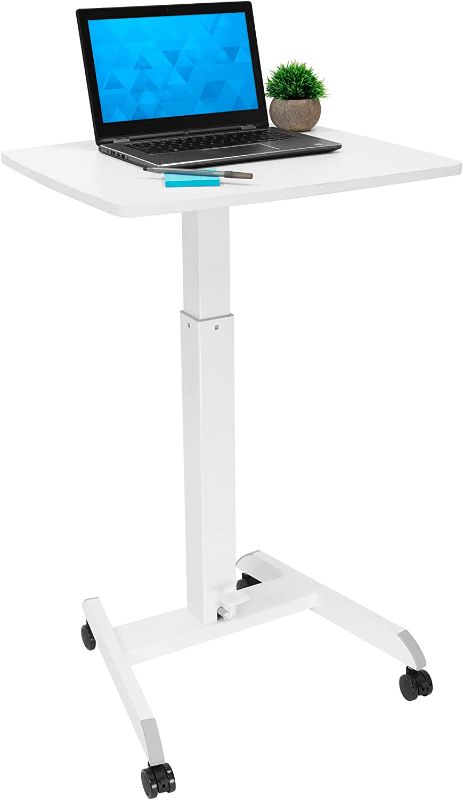 Photo 1 of Mount-It! Adjustable Rolling Laptop Desk with Wheels [23.6" x 20.5"] Sit Stand Mobile Workstation Cart with Pneumatic Spring Lift for Height Adjustment, Rolling Computer Table, Foot Pedal (White)
