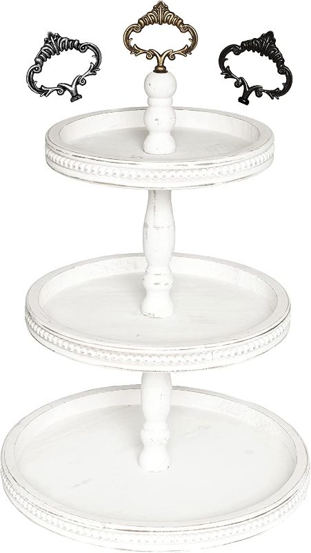 Photo 1 of 3 Tiered Tray Wooden Serving Stand by Felt Creative Home Goods. Large Shabby Chic Beaded Tray for Home Decor Display Farmhouse Country Decoration Kitchen or Dining. Includes 3 Custom Handles (White)
