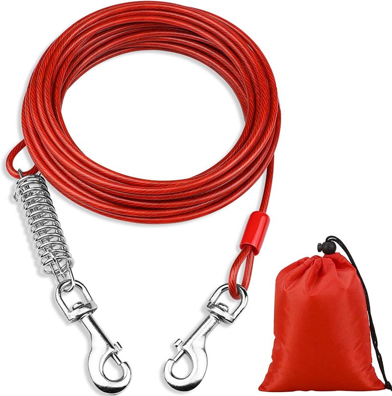 Photo 1 of 50 FT Dog Tie Out Cable with Shock Absorbing Spring and Metal Swivel Hooks Steel Cable for Outdoor Yard and Campingn Traning Leash for Medium to Large Dogs Up to 220lbs, Red
