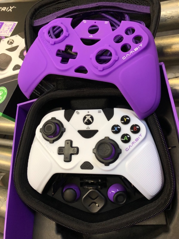 Photo 4 of Victrix Gambit World's Fastest Licensed Xbox Controller, Elite Esports Design with Swappable Pro Thumbsticks, Custom Paddles, Swappable White / Purple Faceplate for Xbox One, Series X/S, PC
