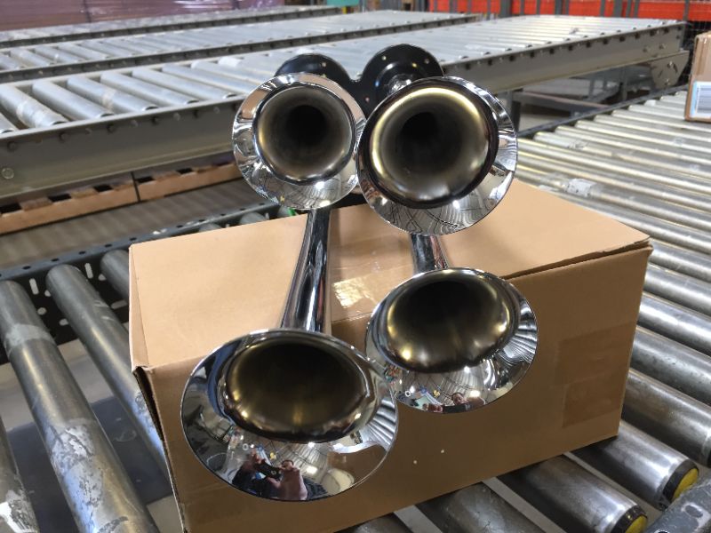 Photo 3 of 150DB Train Air Horn Kit, 4 Trumpet Loud Train Horns Kit for 150 PSI 12V Air Compressor 1.59 Gallon for Trucks, Cars, Van Boats Super Loud Air Horn( Blue) 6L Blue