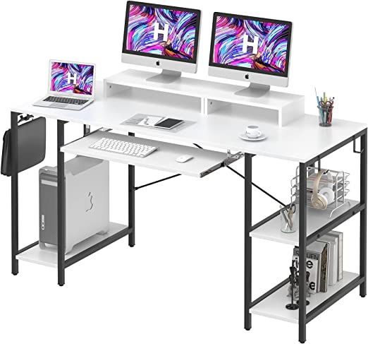 Photo 1 of White Desk with Keyboard Tray, 55 INCH Desk with Storage Shelves Modern Computer Desks for Home Office Study Desk with Monitor Shelf Industrial PC Desk Studio Desk with Iron Hooks, Easy to Assemble
