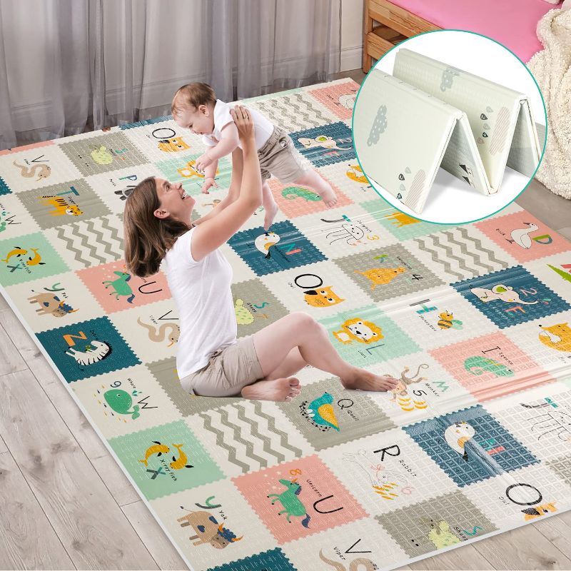 Photo 1 of FLAGAV Baby Play Mat, 79x71x0.6 Inch Extra Large Folding Baby Crawling Mat, Waterproof Reversible Foam Playmat Non Toxic Anti-Slip Portable Kids Play Mat for Infant, Toddler (Yellow)