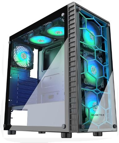 Photo 1 of MUSETEX ATX PC Case Pre-Installed 6Pcs 120mm ARGB Fans, Mid-Tower Computer Gaming Case, USB 3.0 Tempered Glass Phantom Black Computer Case, MN6-B