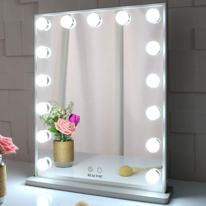Photo 1 of BEAUTME Hollywood Makeup Vanity Mirror with Lights,Bedroom Lighted Standing Tabletop Mirror,LED Cosmetic Beauty Tabletop Mirror with 15 Dimmable Bulbs, Wall Mounted Lighting Mirror (Silver)
