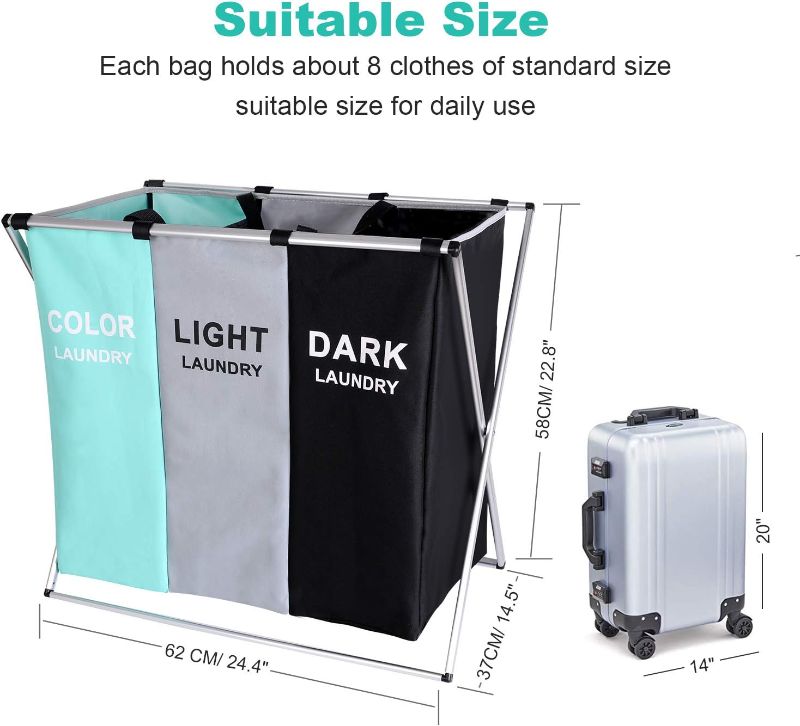 Photo 1 of 135L Laundry Cloth Hamper Sorter Basket Bin Foldable 3 Sections with Aluminum Frame 62cm × 37cm x 58cm Washing Storage Dirty Clothes Bag for Bathroom Bedroom Home (Green+Grey+Black)
