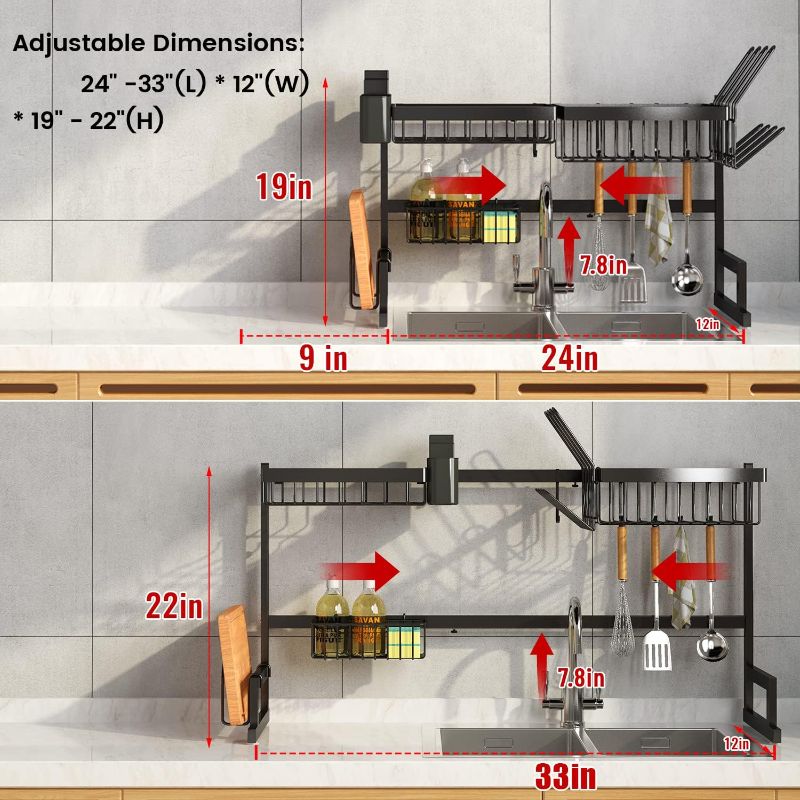 Photo 1 of ADBIU ?Fit Sink 24.5"- 32" L? 2023 Version Over Sink Dish Drying Rack (Expandable Dimension) Snap-On Design 2 Tier Large Kitchen Dish Rack Stainless Steel Counter Organization and Storage
