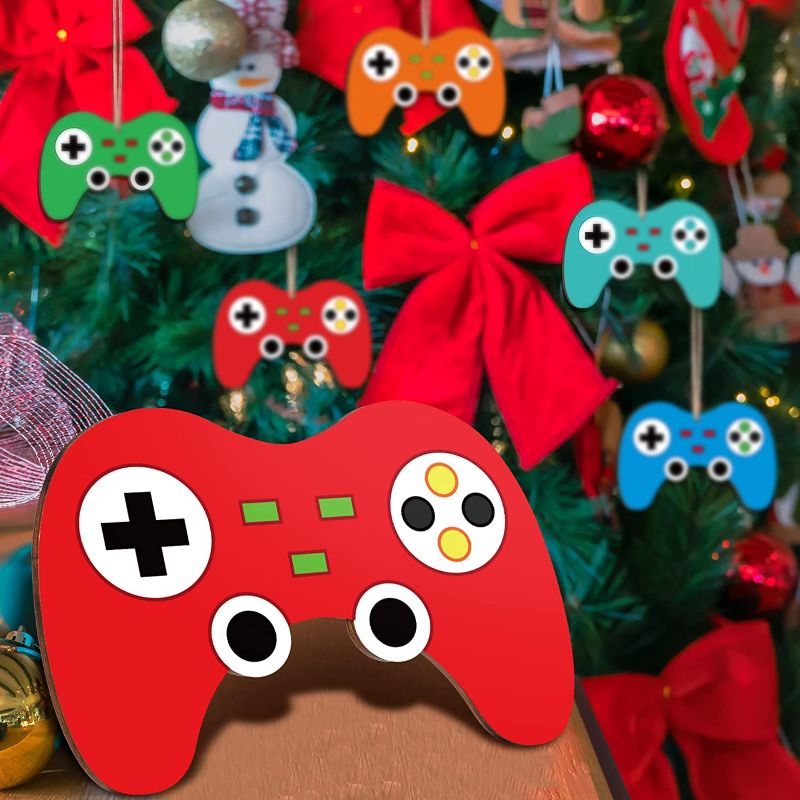 Photo 1 of 12 Pieces Video Game Controller Christmas Ornament Wooden Video Game Controller Ornaments Double Side Printed Video Game Tree Ornaments Christmas Game Hanging Decorations Xmas Tree Craft Supplies