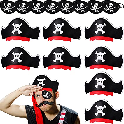 Photo 1 of 16 Pieces Halloween Skull Print Pirate Captain Hat Pirate Eye Patch Set Felt Classic Costume Pirate Hat Funny Pirate Cap Skull Print Eye Mask for Pirate Party Cosplay Fancy Dress Halloween Decoration