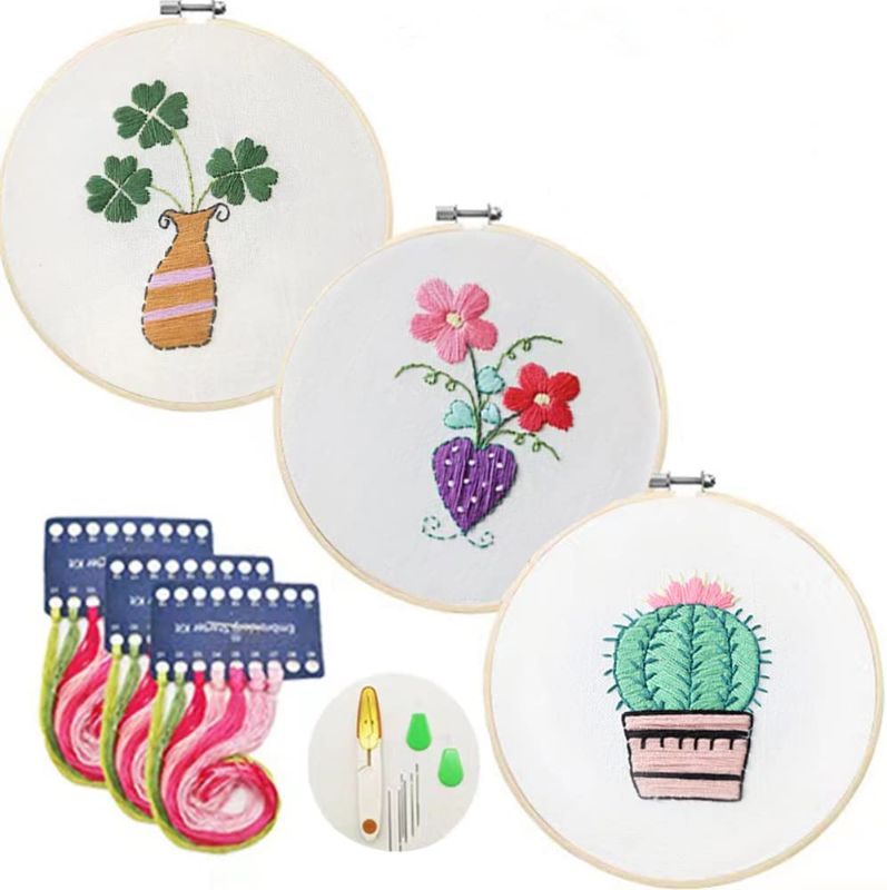 Photo 1 of 3 Pack Embroidery Kit for Beginners Beginner Embroidery Stitch Practice Kit Include Embroidery Cloth with Pattern Instructions Embroidery Hoops Embroidery Starter Kit for Craft Lover(6×6 inch)