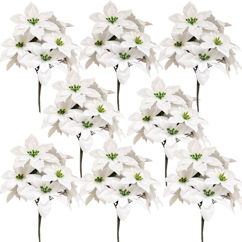 Photo 1 of WISTART Christmas Artificial Poinsettia Flowers 8 Pack Silk White Poinsettia Artificial Bushes Red Christmas Flowers 7 Heads Velvet Poinsettia Floral Bouquet with Stem for Home Decoration(White)