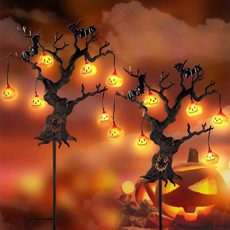Photo 1 of 2 Pack Halloween Metal Pumpkin Yard Stakes Sign Lights, Halloween Yard Decorations with 6 Pumpkin Lights and 2 Iron Bats with 8 Modes, Halloween Pathway Lights for Lawn Garden Yard, Us Plug