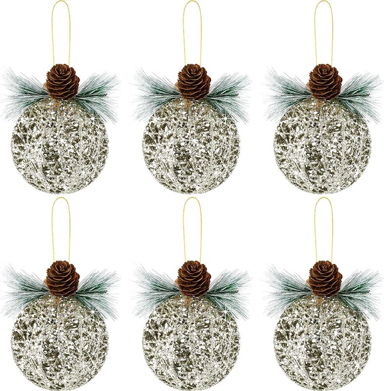 Photo 1 of 6 Pcs 3.15 Inch Christmas Ball Ornaments Christmas Glitter Ball Decorations Pine Needles Hanging Winding Ball Ornaments for Xmas Trees Winter Holiday Wedding Party Supply (Champagne Gold)