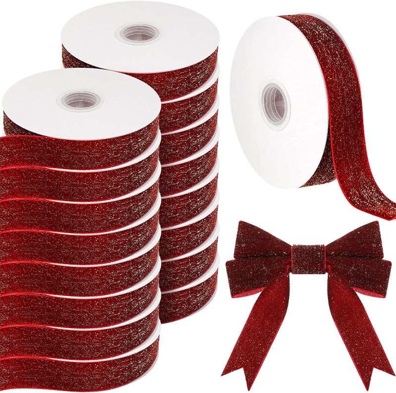 Photo 1 of 160 Yards 1 Inch Valentine's Day Burgundy Red Velvet Ribbons Red Christmas Vintage Metallic Glitter Ribbon Single Wreath Bow Gift Wrapping DIY Craft Wedding Ornaments, 16 Rolls (Burgundy)