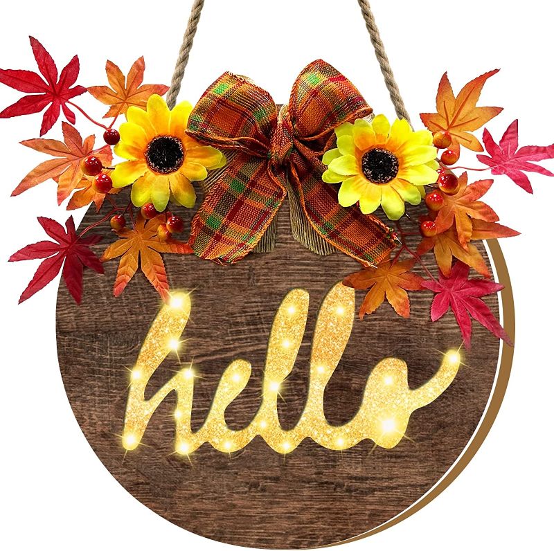 Photo 1 of [ Timer ] Prelit Thanksgiving Wreath Hello Sign for Front Doorations, Fall Decorations for Home Battery Operated Maple Leaves Sunflower Wood Hanging Sign for Fall Autumn Decor Porch Home Outdoor Decor