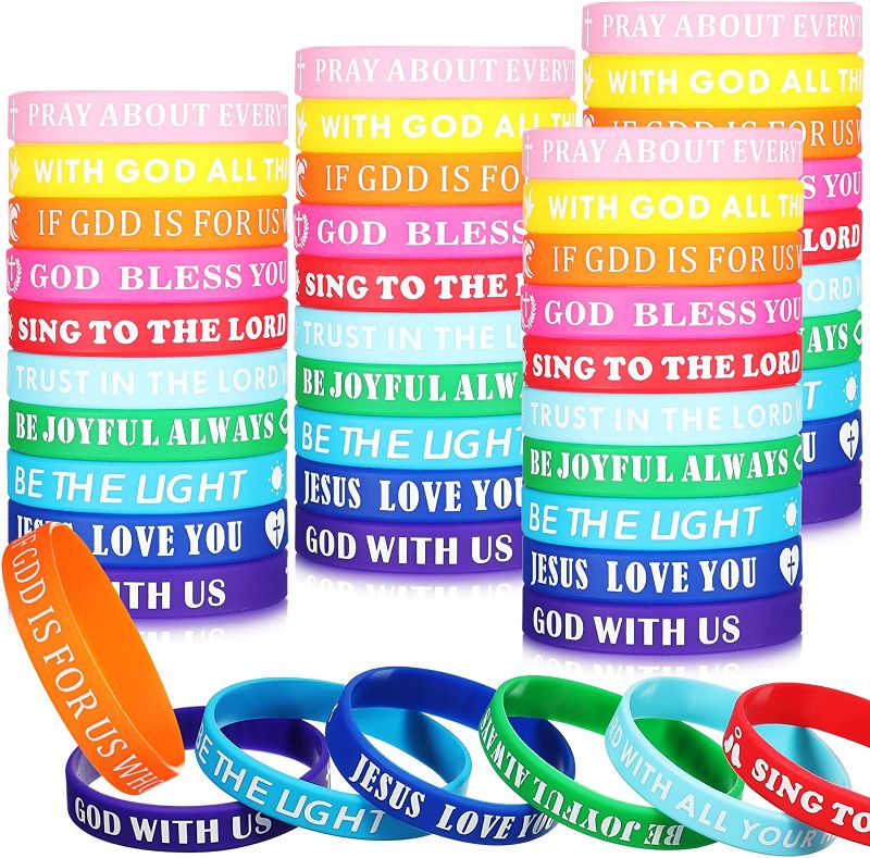 Photo 1 of 100 Pieces Motivational Quote Rubber Wristbands Colorful Silicone Bracelets Inspirational Rubber Bracelets Party Favors Bible Verse Inspirational Bracelets for Men Women, 20 Styles