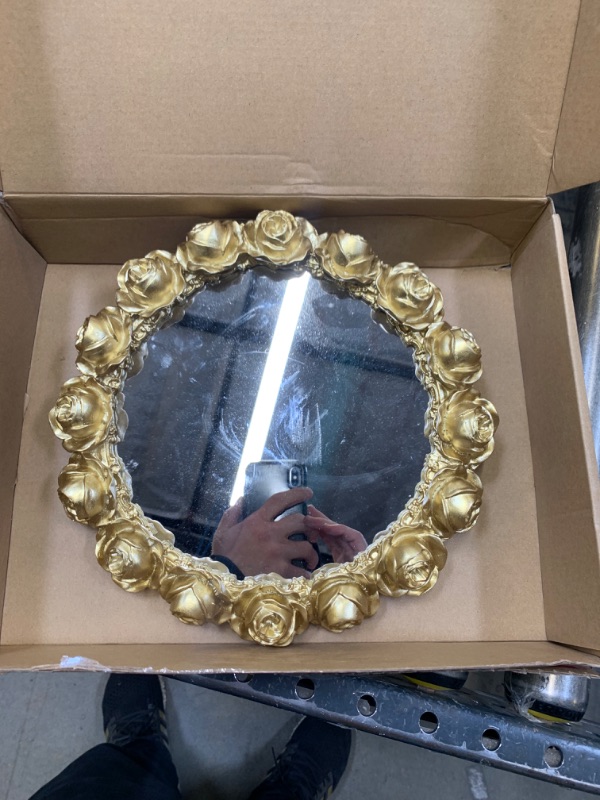 Photo 1 of 12" Round faux Gold Finished Frame Rose Decoration Mirror --- Box Packaging Damaged, Minor Use
