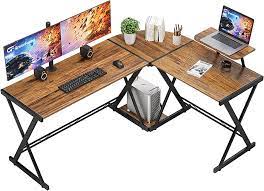 Photo 1 of GreenForest L Shaped Desk 51x35.4 inch Reversible Corner Gaming Computer Desk with Storage Shelves for Home Office PC Workstation Laptop Table, Walnut --- Box Packaging Damaged, Moderate Use, Scratches and Scuffs on Wood,

