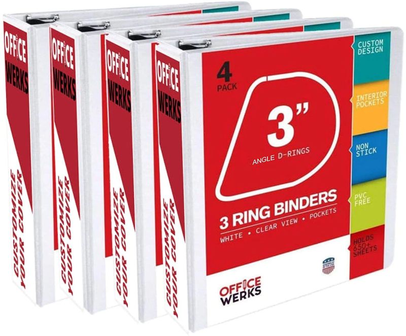 Photo 1 of 3 Ring Binder, 3 Inch Angle D-Rings, White, Clear View, Pockets, 4 Pack
