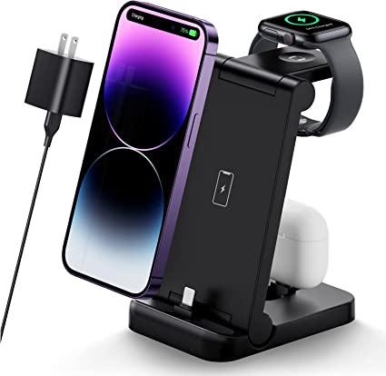 Photo 1 of 3 in 1 Charging Station, Foldable Charger Stand for Multiple Devices, iPhone Charging Station with 18W Wall Adapter, Fast Charge Portable Travel Charger Compatible with iPhone, iWatch, AirPods
