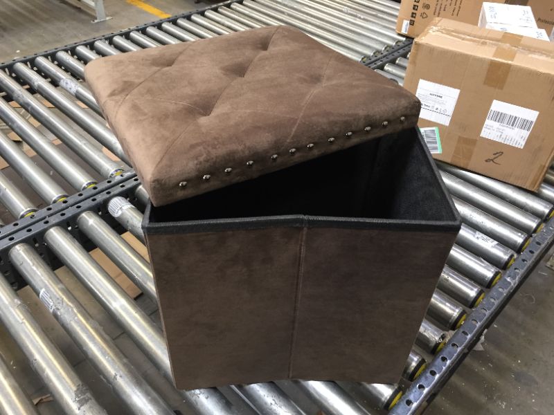 Photo 2 of B FSOBEIIALEO Storage Ottoman Cube, Folding Tufted Ottomans with Storage,Coffee Table Top Cover, Toy Chest Storage Boxes Footrest Stool for Bedroom, Luxury Velvet Fabric 15.7 Inches Brown Brown 15.7x15.7x15.7 inches