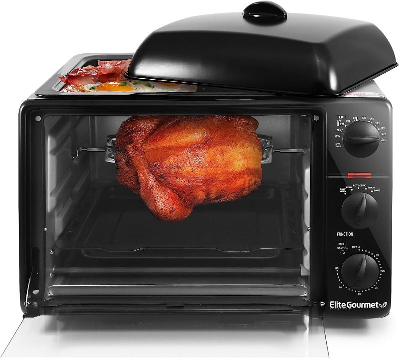 Photo 1 of Elite Gourmet ERO-2008S Elite Cuisine 6-Slice Toaster Oven with Rotisserie and Grill/Griddle Top Black 23L capacity fits a 12” pizza, 6-Slice
