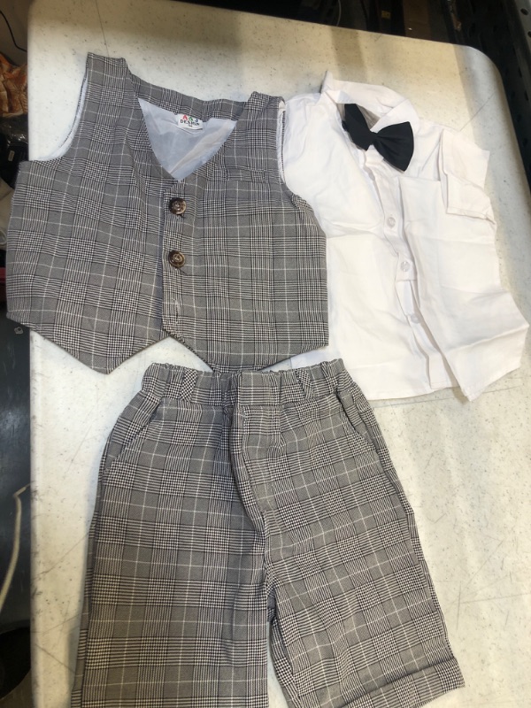Photo 2 of A&J DESIGN Toddler Suit, Gentleman Outfit for boys, 3pcs Clothes Set Shirt & Vest & Shorts with Bowtie 2-3T Light Gray