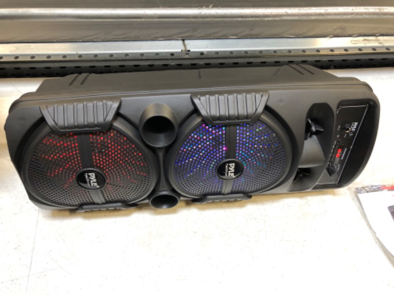 Photo 1 of Pyle Portable Bluetooth PA Speaker System - 600W Rechargeable Outdoor Bluetooth Speaker Portable PA System w/ Dual 8” Subwoofer 1” Tweeter, Microphone In, Party Lights, USB, Radio, Remote - PPHP2835B
