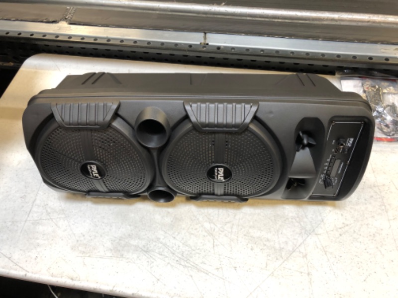 Photo 1 of Pyle Portable Bluetooth PA Speaker System - 600W Rechargeable Outdoor Bluetooth Speaker Portable PA System w/ Dual 8” Subwoofer 1” Tweeter, Microphone In, Party Lights, USB, Radio, Remote - PPHP2835B

