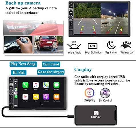 Photo 2 of Double Din Car Stereo Radio Compatible with Apple Carplay and Android Auto, 7-Inch HD Touchscreen with Voice Control, Mirror Link, Backup Camera, Steering Wheel, Bluetooth, AM/FM, USB/TF/AUX Port