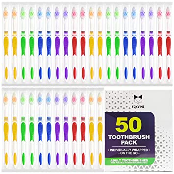 Photo 1 of 50 Pack Bulk Toothbrushes | Individually Wrapped | Manual Disposable Travel Toothbrush Set for Adults or Kids | Made with a Medium-Soft Large Brush Head | Multiple Colors to Choose From! | Oral Set
