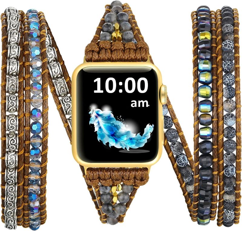 Photo 1 of Wrap Band Compatible with Apple Watch Bands Women 38mm 40mm 41mm 44mm 42mm 45mm, Beaded Boho Strap Handmade Bracelet Nature Stone Leather Adjustable Multi Wrist Wrap for Iwatch SE Series 7 6 5 4 3 2 1
