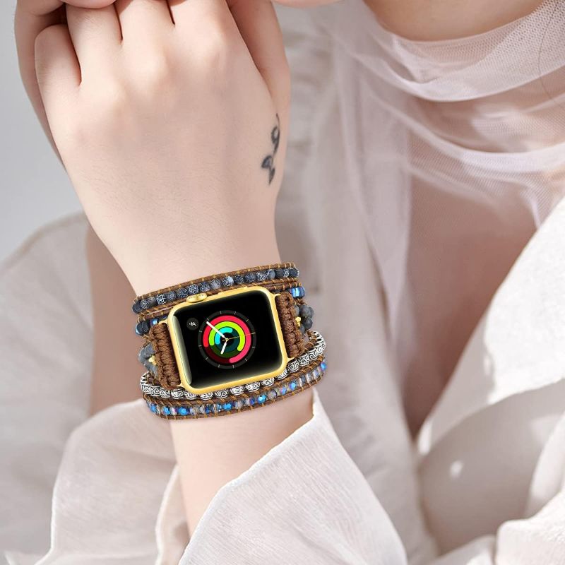 Photo 1 of Wrap Band Compatible with Apple Watch Bands Women 38mm 40mm 41mm 44mm 42mm 45mm, Beaded Boho Strap Handmade Bracelet Nature Stone Leather Adjustable Multi Wrist Wrap for Iwatch SE Series 7 6 5 4 3 2 1
