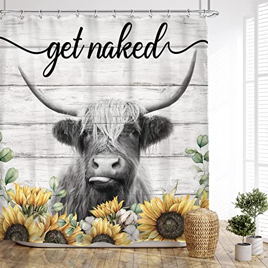 Photo 1 of AMBZEK Sunflower Highland Cow Shower Curtain Rustic 60Wx72L Inch Bull Farmhouse Farm Funny Animal Western Bathroom Accessories Wood Wildlife Floral Country Art Bathroom Decor Set with 12 Pack Hooks