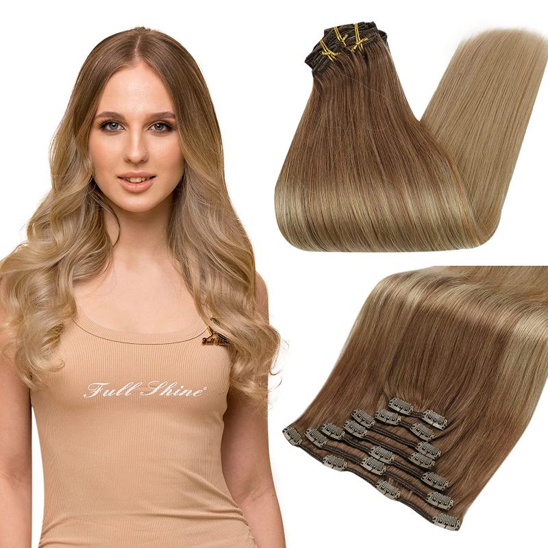 Photo 1 of Full Shine Balayage Clip in Hair Extensions Real Human Hair 10 Golden Brown Ombre Dark Blonde Hair Extensions Clip in Human Hair Double Weft Clip in Real Human Hair Extensions 120 Gram 7 Pcs 16 Inch