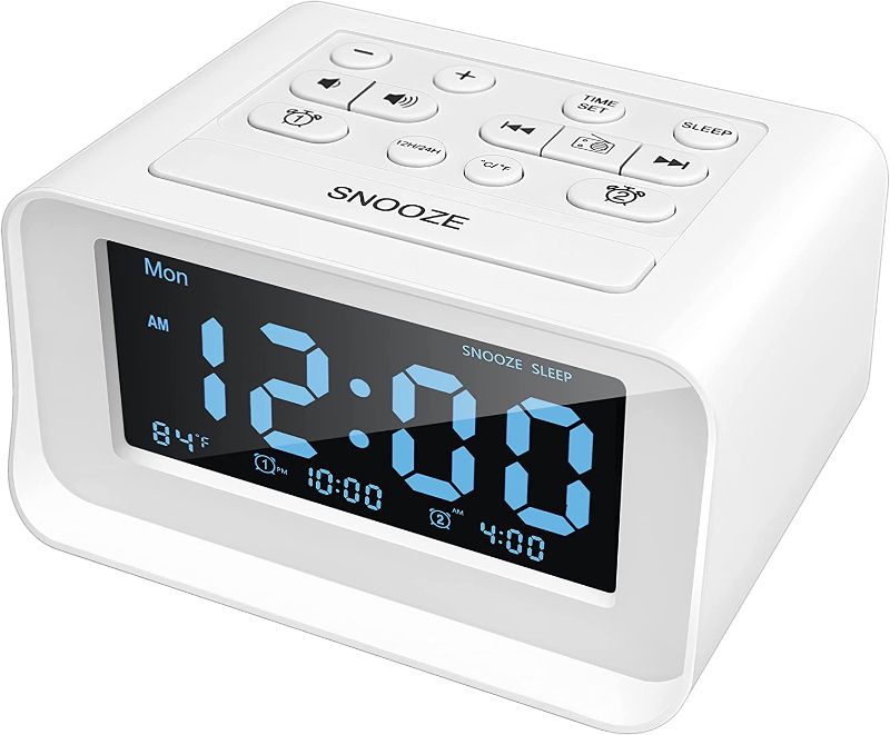 Photo 1 of Acsonwin Digital Alarm Clock Radios with USB Charger ports, Bedside Small Clock for Bedroom/Kids/Teens, Dual Alarms, 0-100% Dimmer, Adjustable Alarm Volume, Snooze, Temperature, Battery Backup (White)
