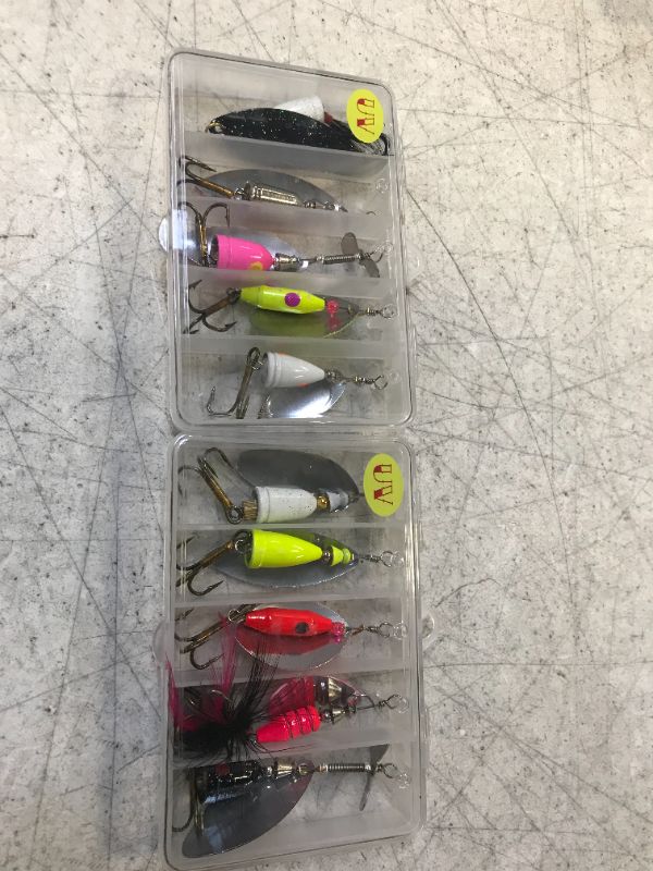 Photo 2 of 10Pcs Advanced UV Fishing Lures for Freshwater - Bass Fishing Spinnerbaits - Bass Fishing Gear - Trout Fishing Gear - Spinner Baits for Steelhead, Salmon, Trout, Bass & More - 2 Tackle Box Included!