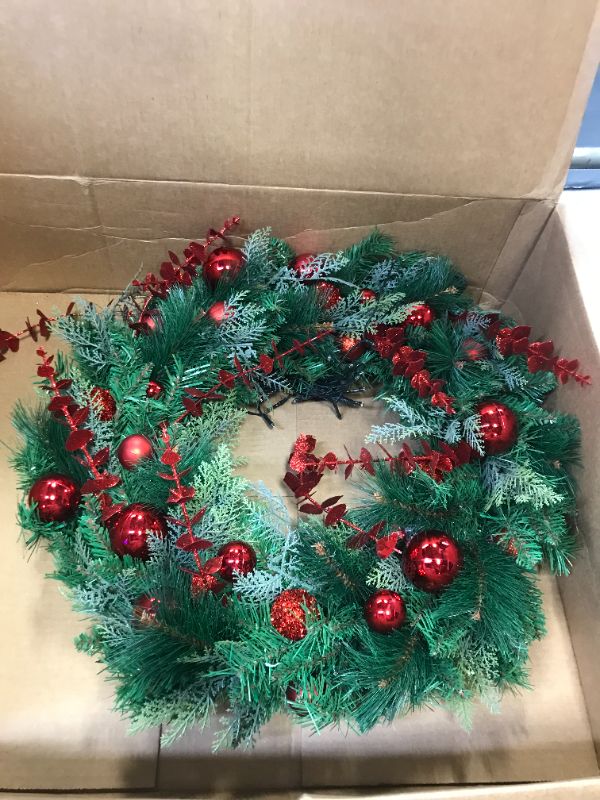 Photo 2 of 24Inch Christmas Wreaths, Christmas Wreaths for Front Door with Balls Ornaments, Eucalyptus and Battery Operated LED Lights, Large Artificial Xmas Wreath with Timer for Outdoor Holiday Decor Ball Christmas Wreath