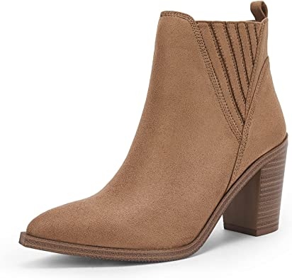 Photo 1 of Coutgo Womens Pointed Toe Ankle Boots Chunky Stacked Block Mid Heel Western Chelsea Booties, LIGHT BROWN, 8.5
