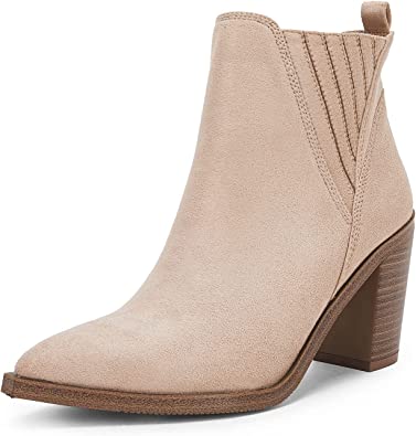 Photo 1 of Coutgo Womens Pointed Toe Ankle Boots Chunky Stacked Block Mid Heel Western Chelsea Booties
, NUDE, 5.5