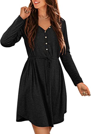 Photo 1 of Amoretu Womens Long Sleeve Dresses V Neck Button Up Aline Dress with Pockets size M