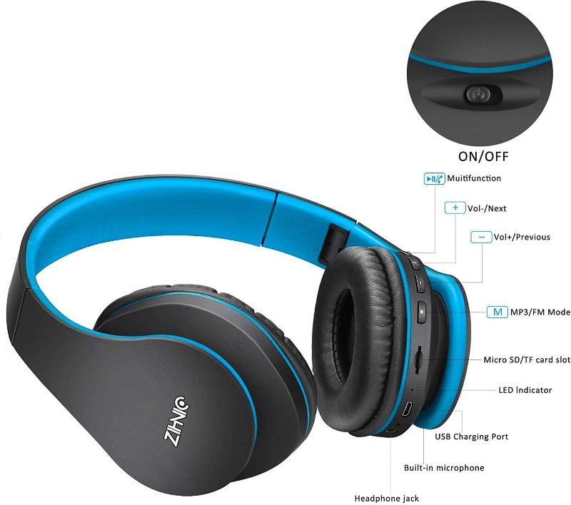 Photo 1 of ZIHNIC Bluetooth Headphones Over-Ear, Foldable Wireless and Wired Stereo Headset Micro SD/TF, FM for Cell Phone,PC,Soft Earmuffs &Light Weight for Prolonged Wearing (Black/Blue)
