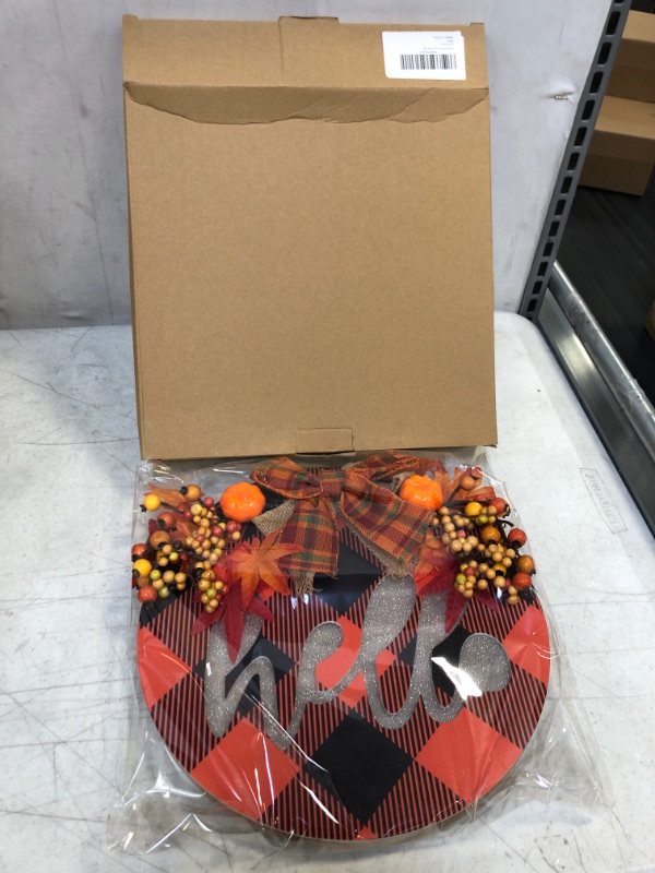 Photo 2 of [ Lighted & Timer ] Thanksgiving Wreath for Front Door Fall Decor Hello Sign Maple Leaves Pumpkin Berry Buffalo Plaid Battery Operated Wooden Sign Autumn Thanksgiving Decorations Indoor Outdoor Home