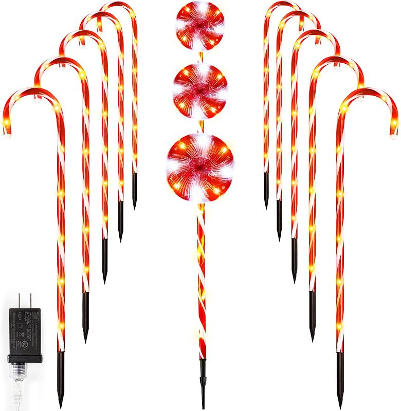 Photo 1 of 13 Pack Christmas Pathway Lights, Includes 10 Pack Christmas Candy Cane Pathway Lights and 3 Pack Lollipops Peppermint Pathway Lights Christmas Garden Stake Lights for Yard Walkway Outdoor Decoration
