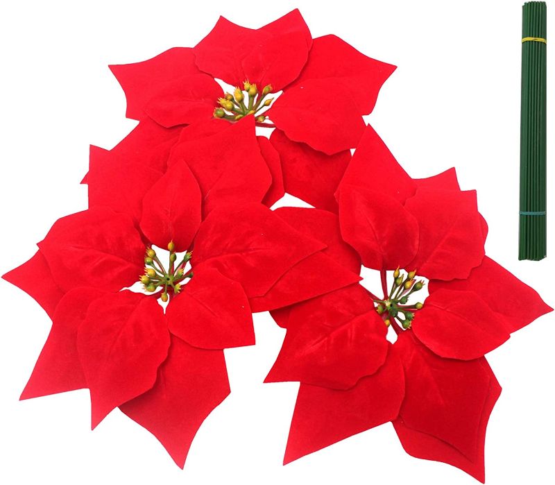 Photo 1 of  Artificial Christmas Flowers Red Velvet Poinsettia Floral Picks  (12pcs Red)
