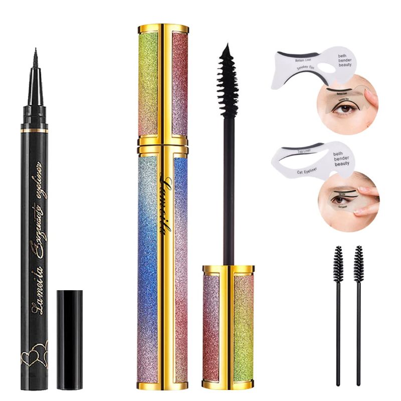 Photo 1 of  Classic Everyday Mascara and Liquid Eyeliner; [5-in-1] Mascara *1;Eyeliner *1;Eyeliner Stencil *1;Brush *2; Dark Black 
