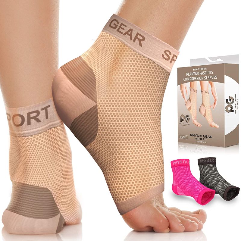 Photo 1 of  Fasciitis Socks with Arch Support for Men & Women - Ankle Compression Sleeve, Toeless Compression Beige L/XL

