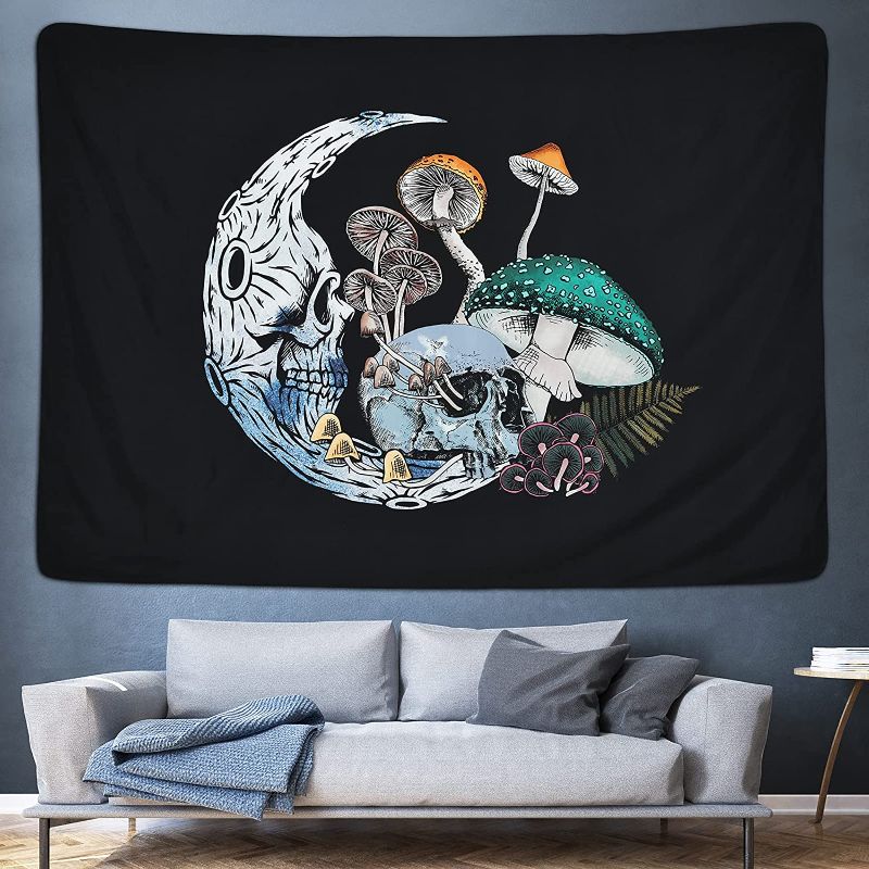 Photo 1 of  Skull Moon Mushroom Tapestry  Black Background Tapestry for Room (51.2 x 59.1 inches)
